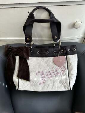 Juicy Couture Vintage Dreams Daydreamer Tote Bag White Velour with Chocolate Bow